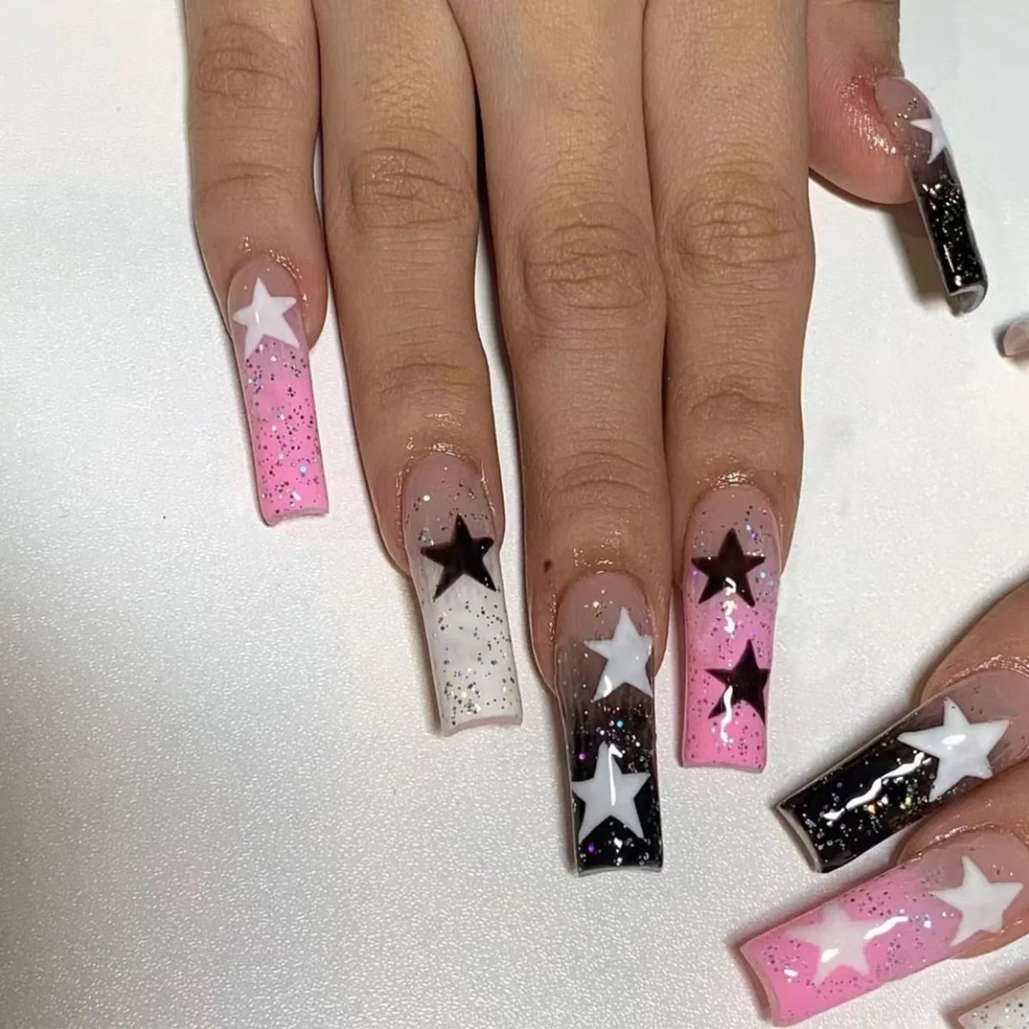 Aichashi 24Pcs Acrylic Press on Nails pink star Butterfly Gradient False Nails Ballet Fake Nails with glue Wearable French Finished