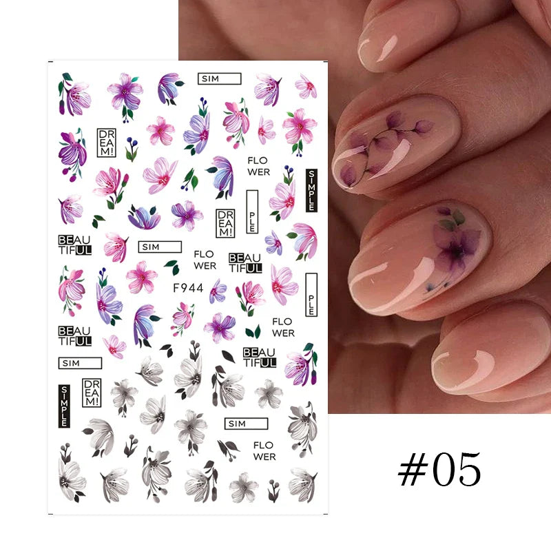 Aichashi 3D Laser Sakura Flower Nail Sticker Aurora Decals Glitter Star Butterfly Floral Adhesive Sliders Cherry Blooming Manicure