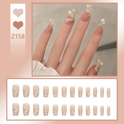 Aichashi 24pcs/box Fake Nails Press on Reusable with Designs Set French Artificial Aurora Diamond False Tipsy Stick-on Nails Tips Art