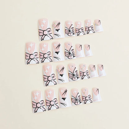 Aichashi 24pcs New Duckbill Shaped Fake Nails White French Design False Nails Sweet Pink Butterfly Bow Pattern Press On Nails for Girls