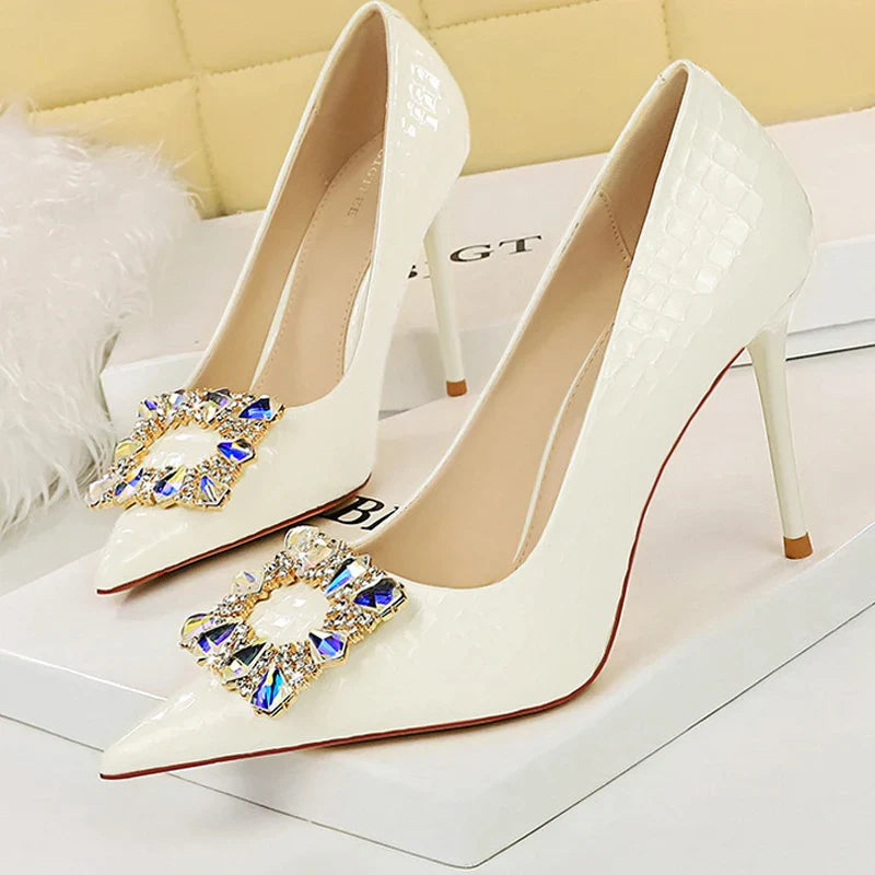 aichashi  -  Shoes Women Heels Metal Water Drill Buckle Woman Pumps Textured Patent Leather High Heels Stilettos Sexy Party Shoes