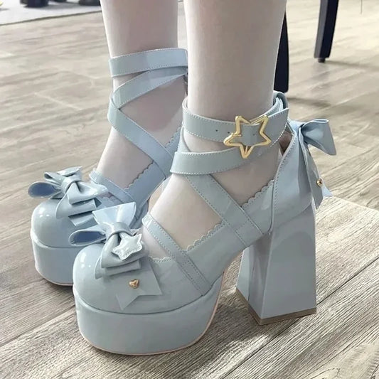 Aichashi Lolita Shoes Women Mary Janes High Heels Shoes Chunky Sandals Summer Fashion Retro Bow Party Platform Pumps