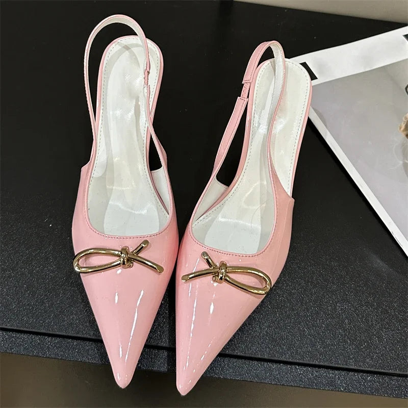 aichashi  -  Fashion patent leather Pointed bowknot Decoration New Women's Sandals Summer Slingback High Heels Shoes Pumps Mules