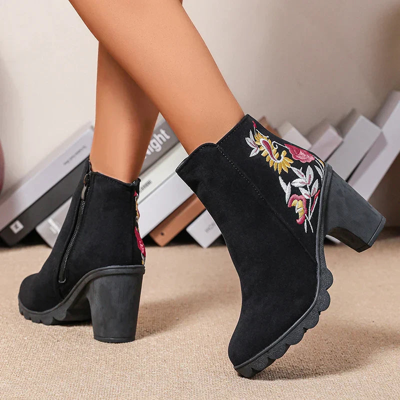 Aichashi Embroidered High Heels Ankle Boots for Women 2024 Autumn Side Zip Black Short Botas Mujer Fashion Flower Thick Heeled Booties