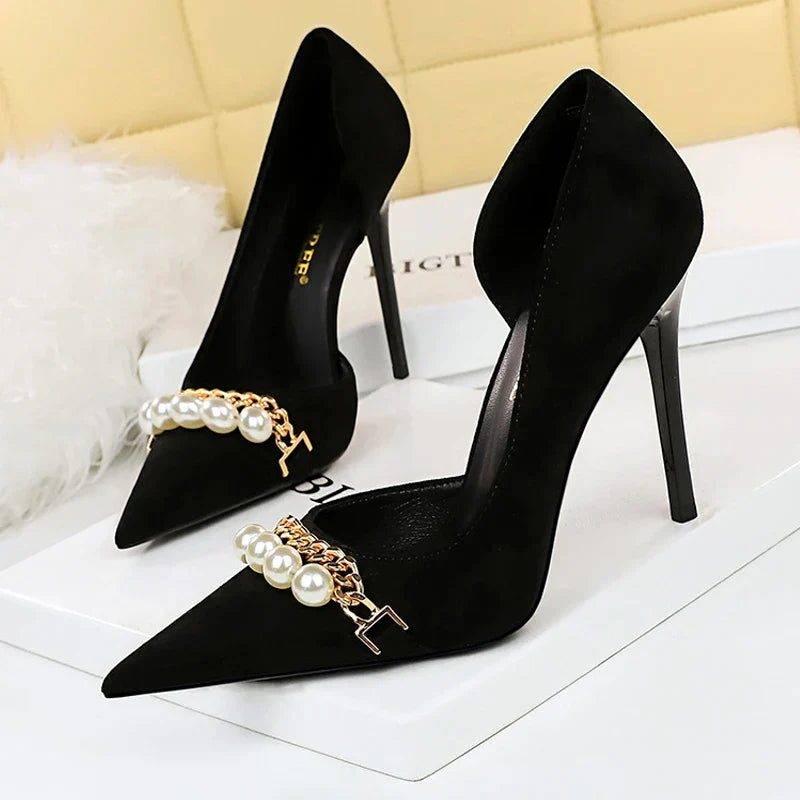 aichashi  -  Shoes Checked Grain Women Pumps Quality High Heels Pearl Chain Design Women Heels Stilettos Luxury Banquet Shoes