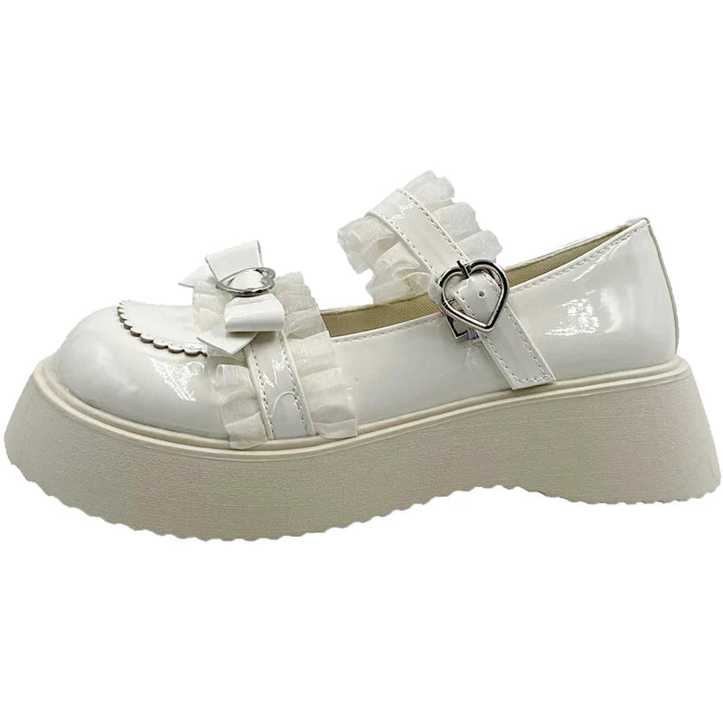 aichashi Kawaii Lace Bowknot White Lolita Shoes Women Heart Buckle Platform Mary Janes Woman Japanese Style Patent Leather Jk Shoes