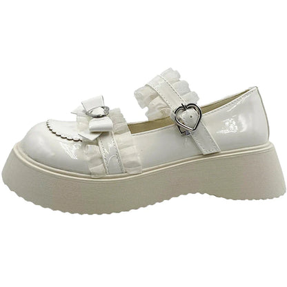 aichashi Kawaii Lace Bowknot White Lolita Shoes Women Heart Buckle Platform Mary Janes Woman Japanese Style Patent Leather Jk Shoes