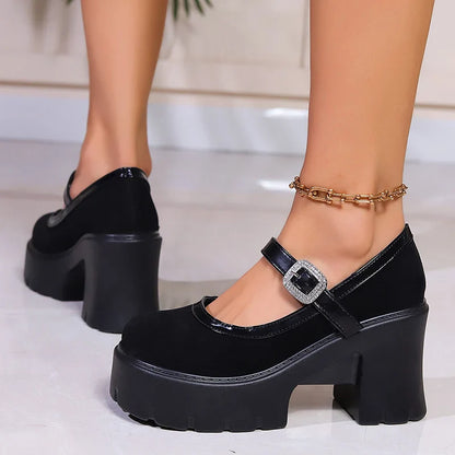 aichashi  - Patent Leather Chunky Platform Mary Jane Shoes Women Fashion Crystal Buckle Strap Thick Heels Pumps Woman Gothic High Heel Shoes