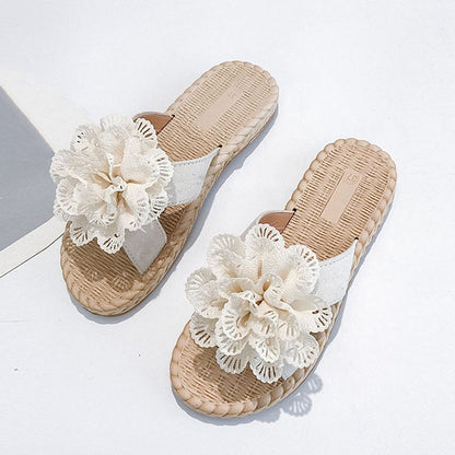 Aichashi Fashion Floral Lace Summer Beach Flip Flops Women Sandals Casual Flax Flat Sandals Comfy Home Slippers Outdoor Slides Shoes