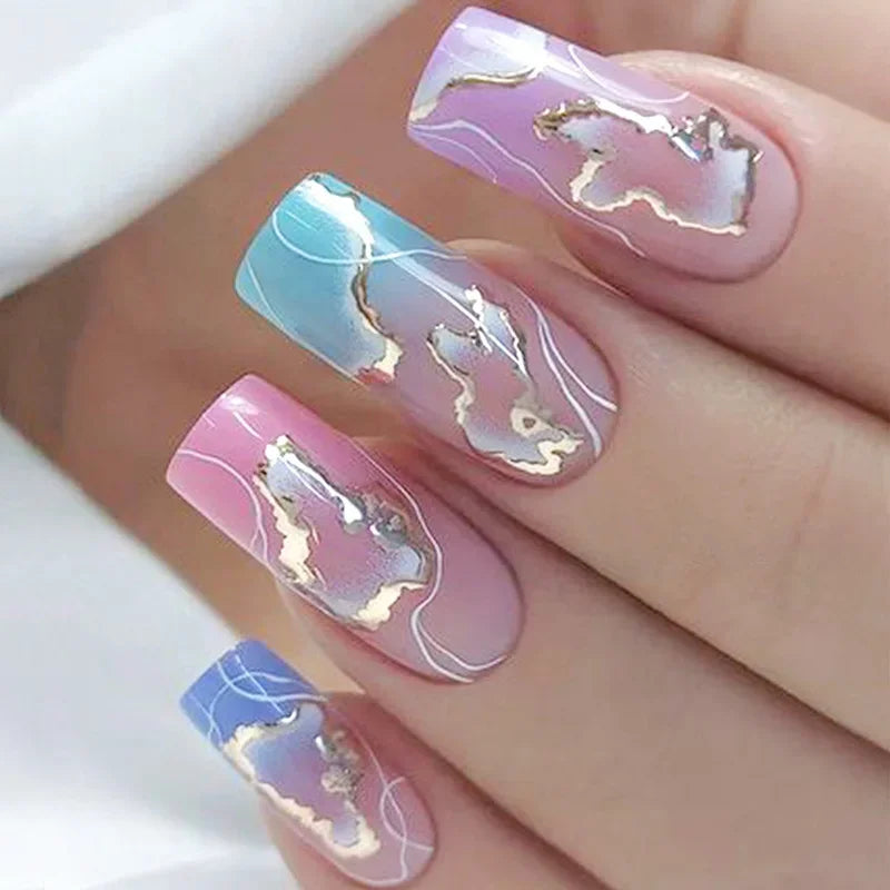 24Pcs Colourful Clouds False Nails Short Ballet Coffin with French Design Wearable Fake Nails Artificial Press on Nail Tips Art