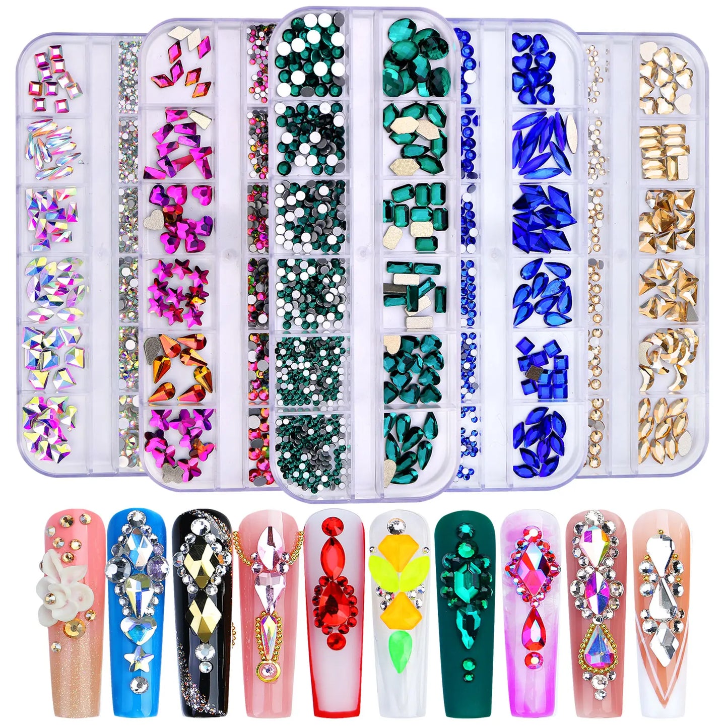 12 Grids/Box Multi-Size Nail Art Rhinestone Decorations AB Crystal Diamond Gems 3D Nails Glitter Glass Non Hotfix Strass Jewelry