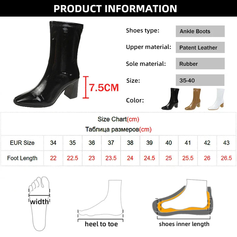 Aichashi Fashion Black High Heels Ankle Boots for Women Pleated Patent Leather Short Boots Woman Autumn Slip-On Thick Heeled Booties