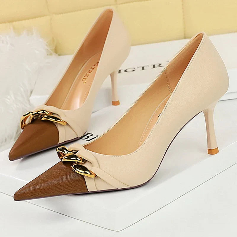 aichashi  -  Shoes Women Pumps Metal Chain Decoration High Heels Mixed Colors Pointed Stilettos Lady Heels Party Shoes Female Pumps