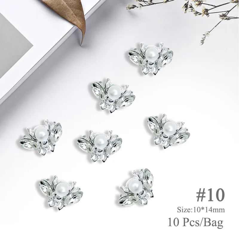 Aichashi 10pcs/bag Butterfly Shaped Nail Rhinestone Star Flower Nail Charm Silver Gold Alloy Nail Pearl Jewelry Accessories Nail Supplies