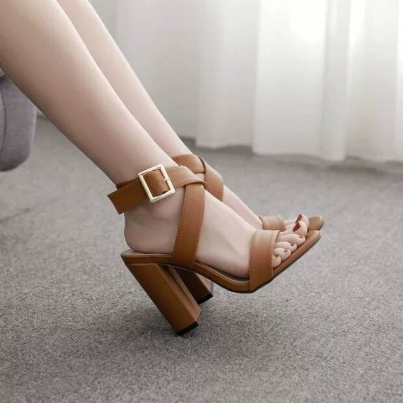 Aichashi Large Size Women's Shoes Sexy Cross Strap One Line Buckle Chunky Heels All-match Open Toe Roman Sandals Comfortable  Heels Women