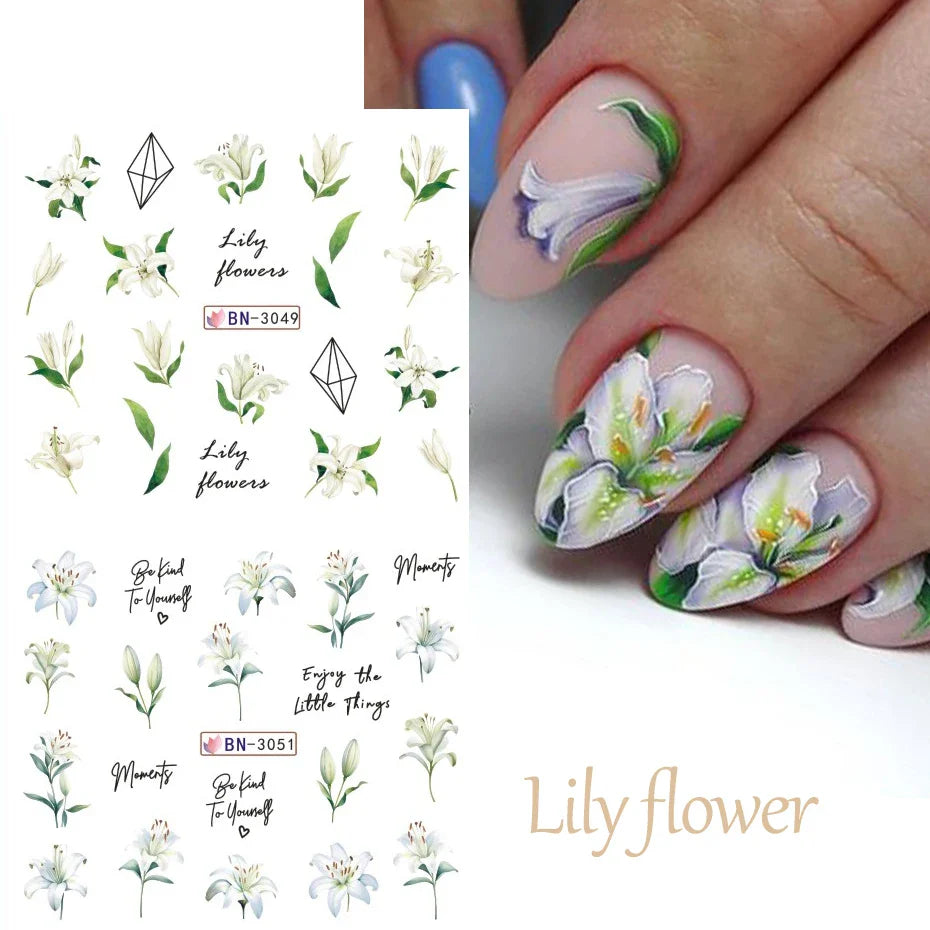 Aichashi 12 Designs Lily Flowers Nail Stickers White Flower Green Leaf Geometric Line Sliders Spring Floral Water Transfer Decals Slider