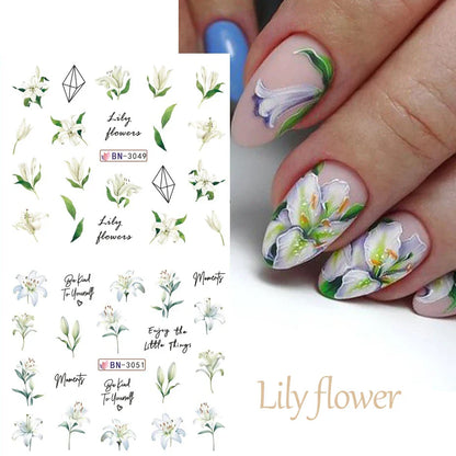 Aichashi 12 Designs Lily Flowers Nail Stickers White Flower Green Leaf Geometric Line Sliders Spring Floral Water Transfer Decals Slider