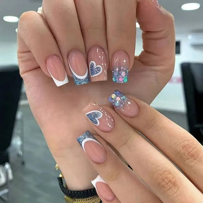 24 PCs Short French Pop Heart Nails