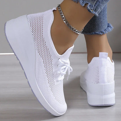 Aichashi 2024 Spring Breathable Wedge Sneakers Women Mesh Knitted Platform Sports Shoes Woman Casual Non-Slip Lace Up Tennis Shoes Ladies