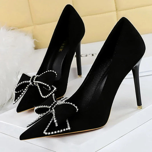 aichashi  - Rhinestone Bowknot Woman Pumps Suede High Heels Sexy Party Shoes Pointed Stilettos Women Heels Luxury Pumps Large Size 42 43