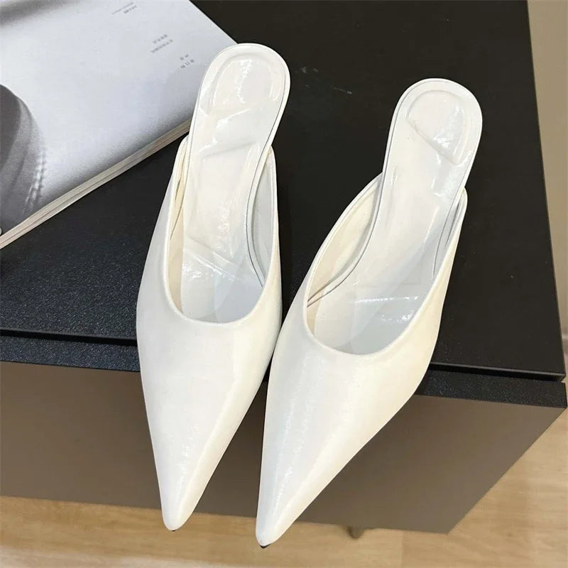 aichashi  -  NEW Slip-On PU Mules Pumps Concise Shallow Women Leisure Solid Slingbacks Pointed Toe Thin Heels Ladies Shoes Black