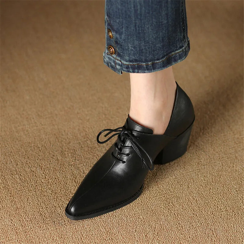 Aichashi New Spring Genuine Leather Women Shoes Pointed Toe Women Pumps Fashion High Heel Loafers Shoes for Women Chunky Heel Shoes Black