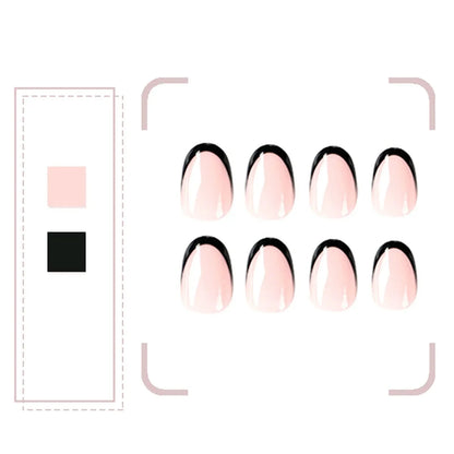 Aichashi French Oval False Nails for Girls 24pcs Black Edge Design Nude Color Wearable Press on Nail Tips Full Cover Short Acrylic Nails