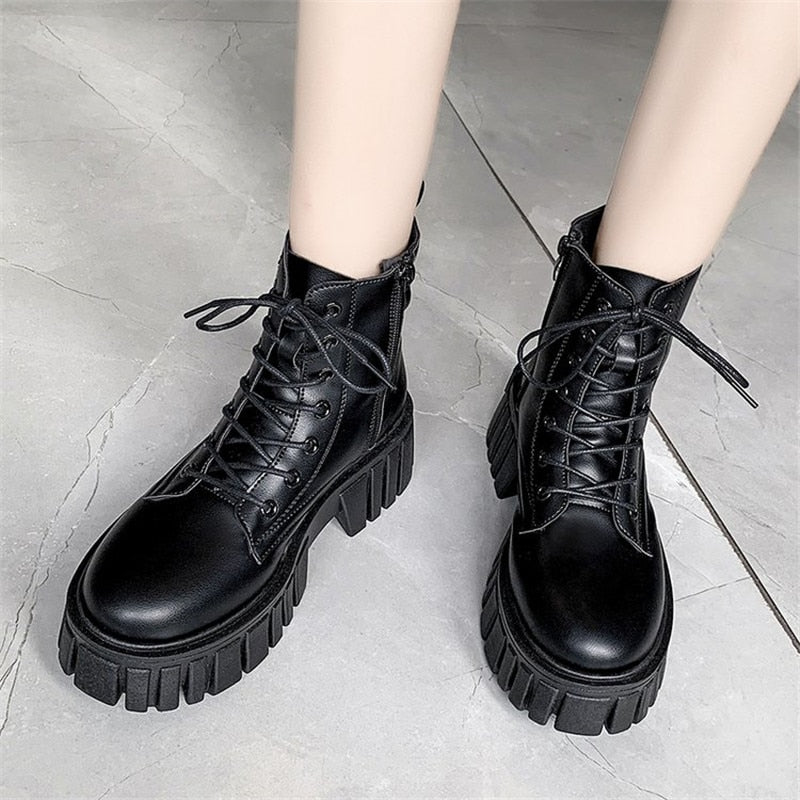 Aichashi New Women White Ankle Boots PU Leather Thick Sole Lace Up Combat Booties Female Autumn Winter Platform Shoes Woman