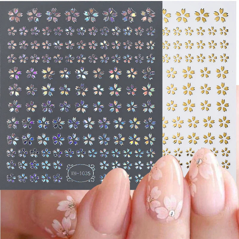 Aichashi 3D Laser Sakura Flower Nail Sticker Aurora Decals Glitter Star Butterfly Floral Adhesive Sliders Cherry Blooming Manicure