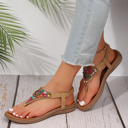 Aichashi Bohemian Style Retro Sandals Women 2024 Summer Clip Toe Flat Gladiator Sandals Woman Fashion Beaded Non Slip Outdoor Flip Flops