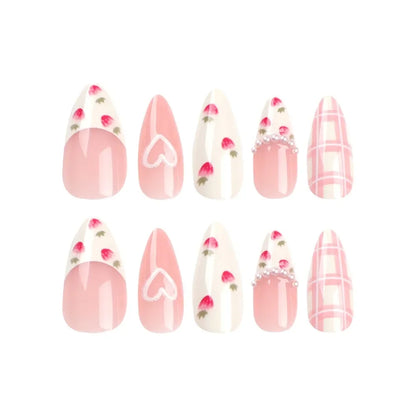 24PCS Sweet Strawberry Press on Nails French Pearl Design Almond False Nails Girl Gifts Detchable Full Cover Fake Nail Patches