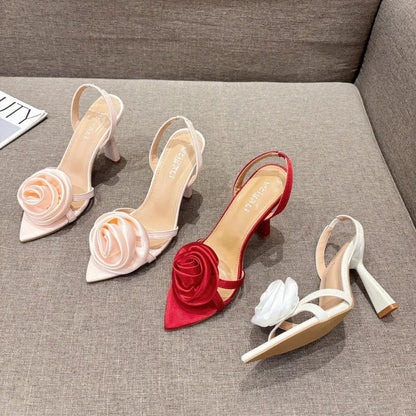 aichashi  -  Rose Flower High Heels Women Fashions Sexy Slingback Sandals Women Designer Sandals Female Satin Floral Pointed Toe Pumps Women