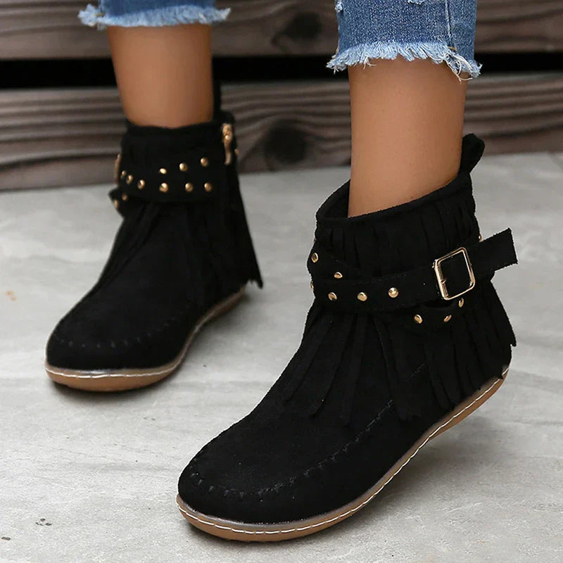 Aichashi Bohemian Style Tassels Ankle Boots Women Retro Faux Suede Buckle Strap Short Boots Woman Plus Size 43 Flat Heels Western Botas