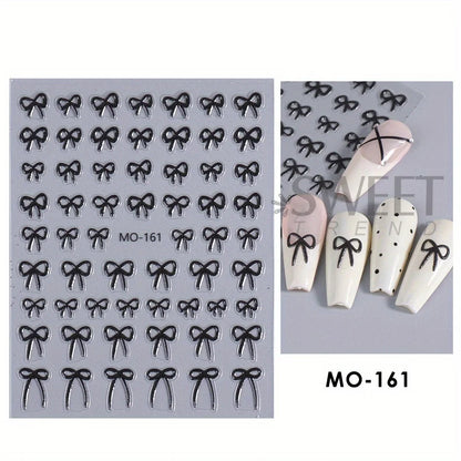 Black White Simple Bowknot Ribbon Relief Nail Stickers Silver Bow Tie Adhesive Decal Elegant Valentine Manicure Embossed Foils