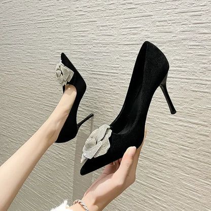 aichashi  -  Flowers Pointed Toe Stiletto Heels Women Rhinestone Luxury Designer Shoes Suede Sexy Elegant Offices High Heels Female Pumps