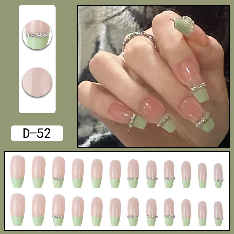 24Pcs/Set Press On Fake Nails Green Wearing Reusable False Nails Art Girls Ballerina Coffin Nail With Glue Full Cover Artificial