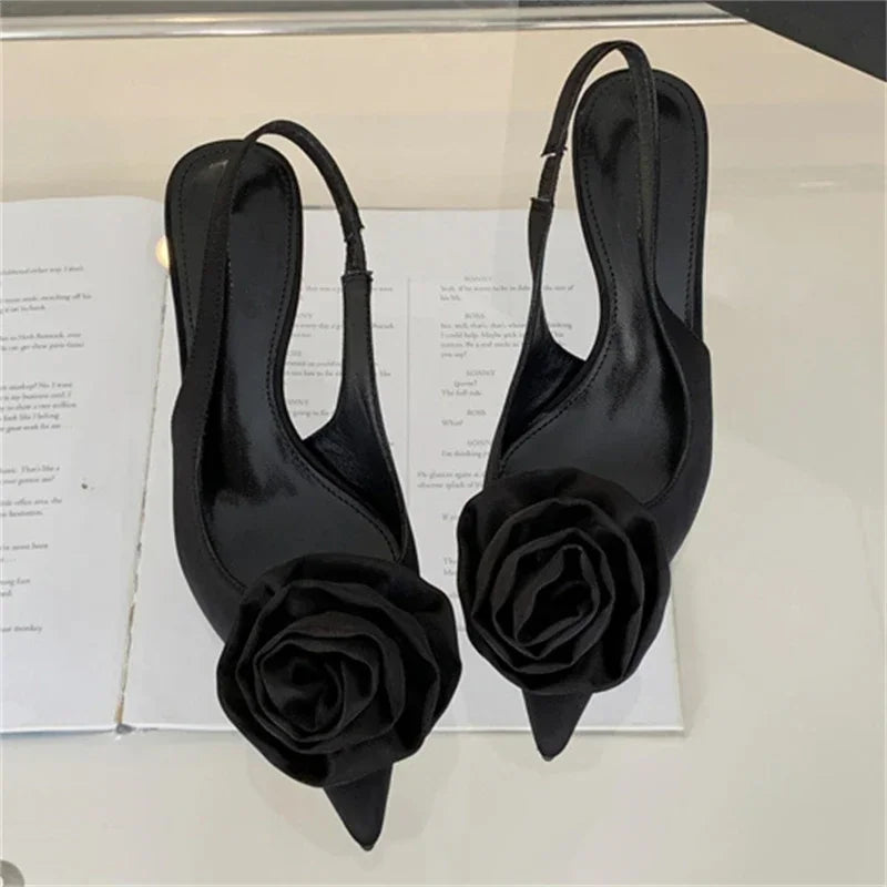 aichashi  -  Sweet Silk Slingback Pointed Toe Women Pumps Summer Fashion Flowers Design Sandals for Women Luxury Thin High Heels Party Shoes