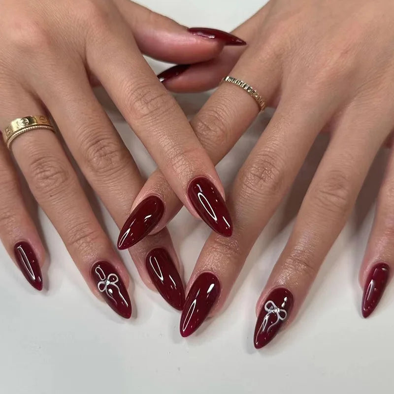 24pcs detachable cat eyes red wine false nails with glue full cover ballet square almond shiny acrylic press on fake nails tips