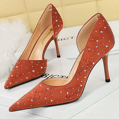 aichashi  -  Shoes Rhinestone Design Kitten Heels Women 8 Cm Pumps Silk Satin Luxury High Heels Stilettos Banquet Shoes Plus Size 43