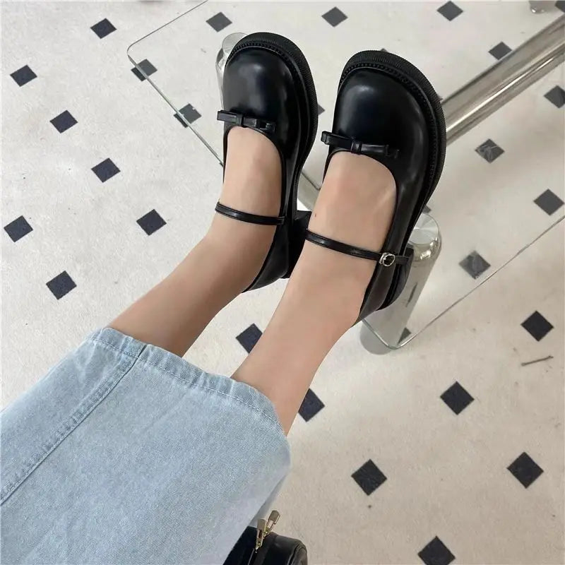 Aichashi Ladies Summer Footwear Cute Japanese Style Lolita Shoes for Women 2024 with Bow Round Toe Kawaii Gothic Black Low Heel Elegant E