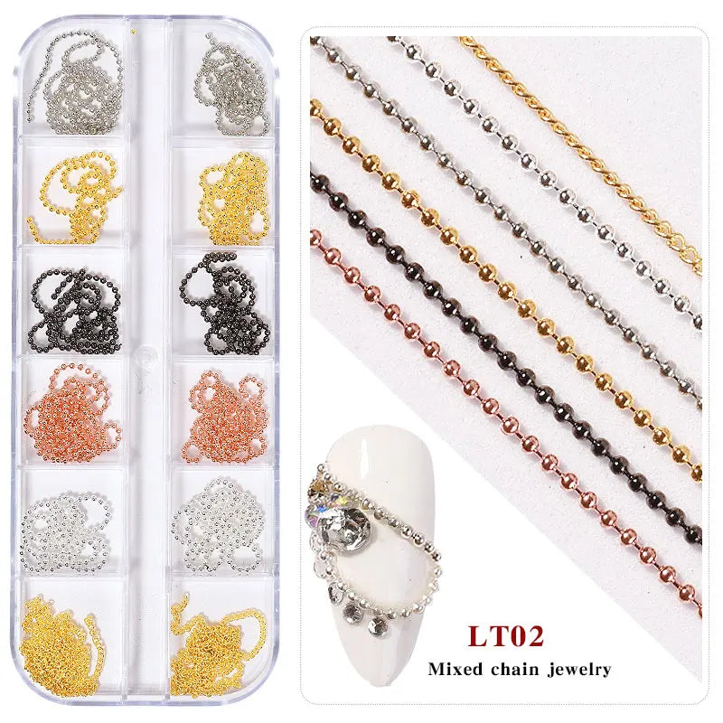 12 Grid Mixed Style Nail Chain Jewelry For DIY Art Decoration Fashion Metal Nails Accessories For Manicure Design