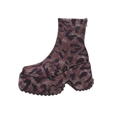 aichashi  -  Punk Style Platform Women Ankle Boots Fashion Leopard Short Booties Vintage Thick Heels Ladies Shoes