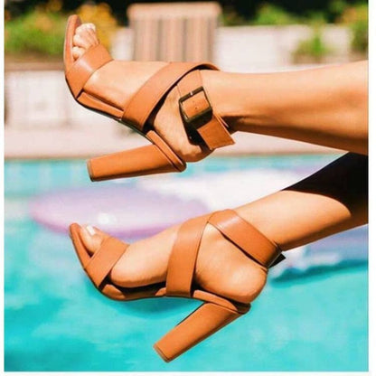 Aichashi Large Size Women's Shoes Sexy Cross Strap One Line Buckle Chunky Heels All-match Open Toe Roman Sandals Comfortable  Heels Women