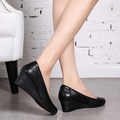 Aichashi Black Comfortable Woman Shoes High Heels Pumps Wedge Slip-on Soft Bottom Comfortable Shoes for Women Coonfort Round Head Leather