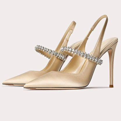 aichashi  -  Satin Rhinestone Pointed Toe High Heels Womens Fashion Mule Shoes Elegant Slingback Sandals Sexy Party Dress Shoes Woman Pumps