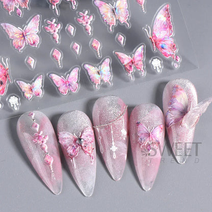 Aichashi Acrylic Engraved Butterfly Nail Manicure Sticker Holographic Crystal Fairy Rose Flowers Adhesive Decals Charm Spring Foils Wraps