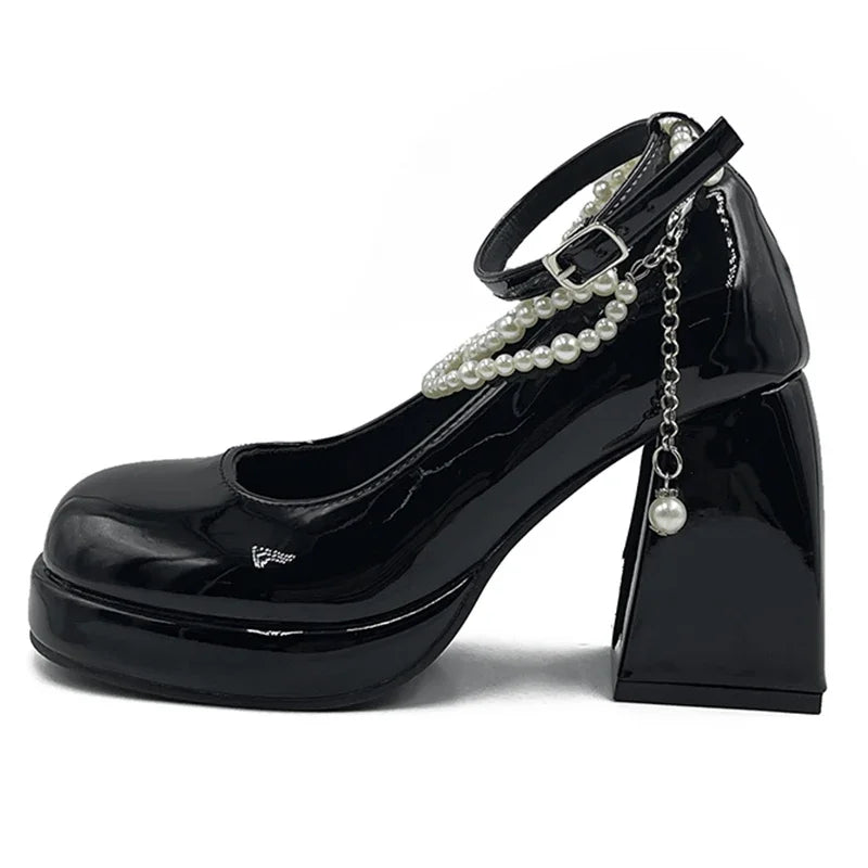 aichashi  -  Vintage High Heels Mary Jane Shoes for Women Patent Leather Platform Pumps Woman Pearls Chain Thick-Heeled Shoes Female