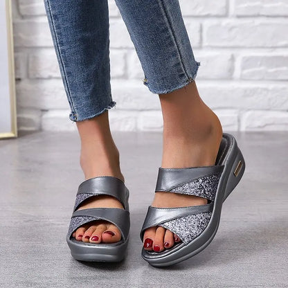 Aichashi new Women Summer Slippers Ladies Glitter PU Wedges Shoes Female Casual Slingbacks Sandals Comfortable Platform Woman