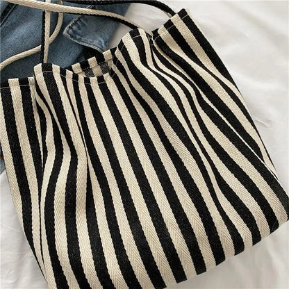 Aichashi BACK TO SCHOOL Korean Version Of Retro Literary Handbag Simple Fresh Striped Shoulder Bag Fashion Large Capacity Shopping Bag