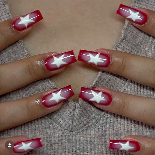 Aichashi 24pcs five-pointed star Fake Nail Patch French Red Ballet Coffin False Nail Full Cover Wearable Press on Nails Tips for Girls